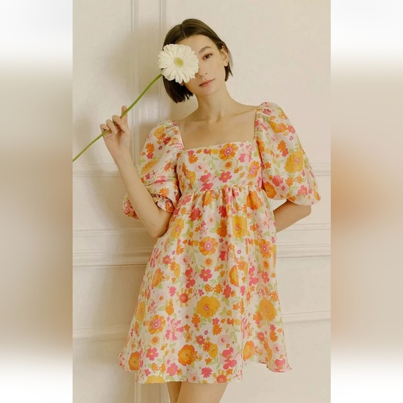Anthropologie Dresses & Skirts - Anthropologie Multicolor Warm Floral Puff Sleeve Babydoll Dress Medium